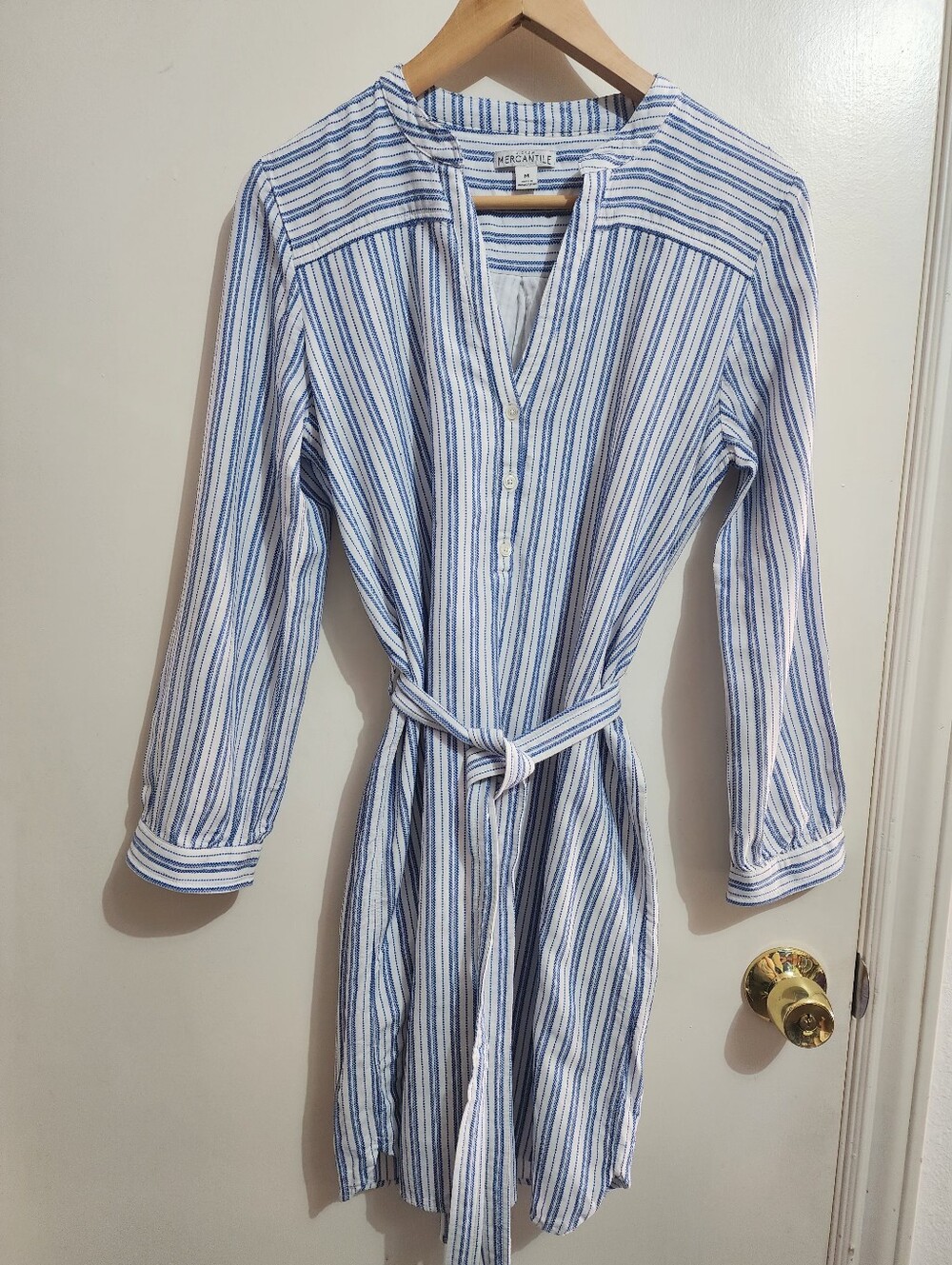 J.Crew Mercantile Shirt Dress Blue White Stripe Cotton Blend Belted Size M - Picture 2 of 9